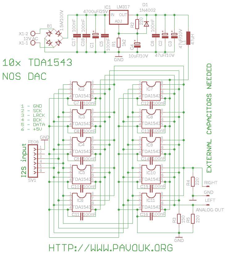 Schéma zapojení D/A převodníku s 10x TDA1543
