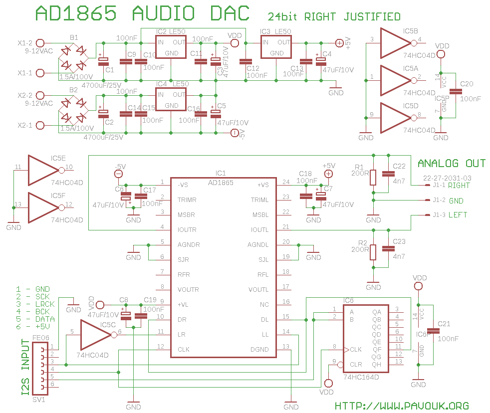 Schéma zapojení D/A převodníku s AD1865 - 24bit