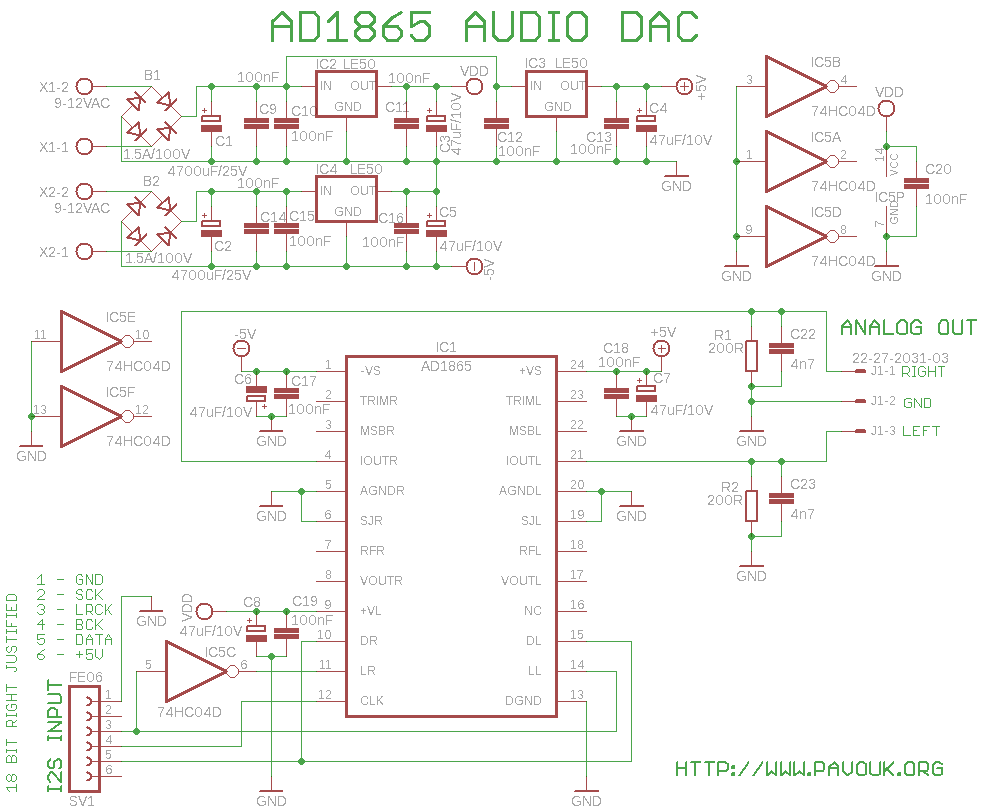 Schéma zapojení D/A převodníku s AD1865 - 18bit