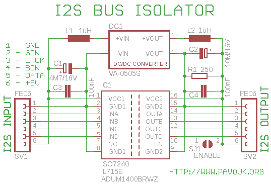 Schéma zapojení I2S izolátoru