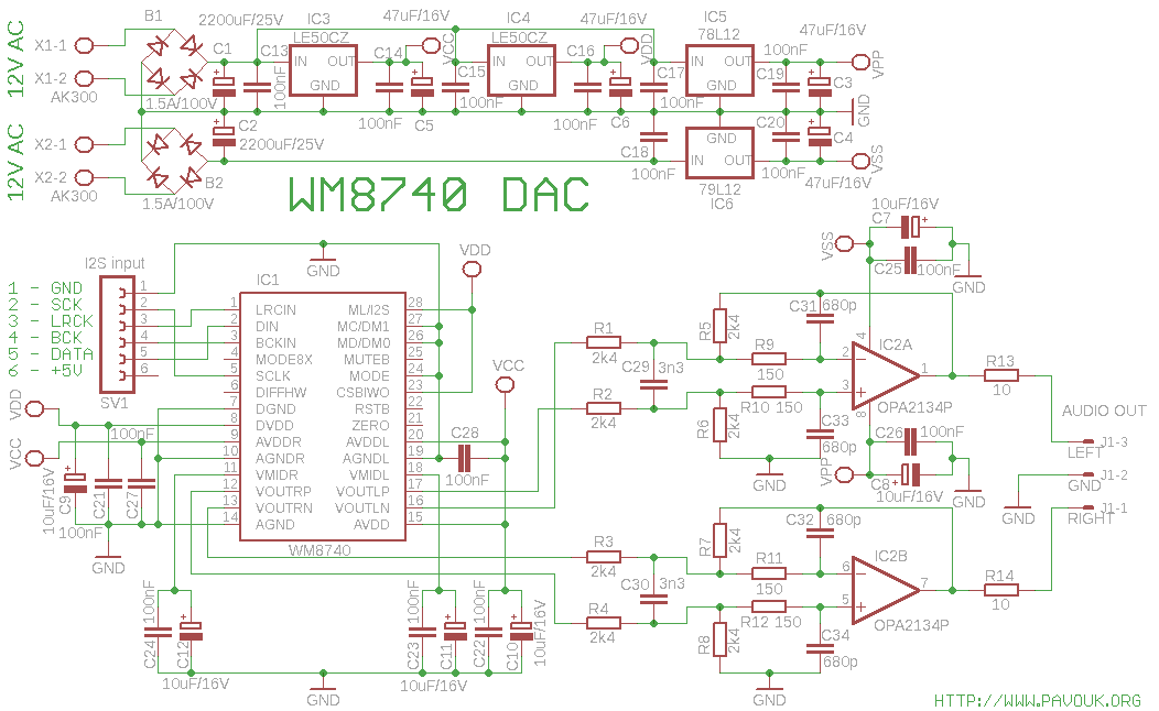 Schéma zapojení D/A převodníku s WM8740